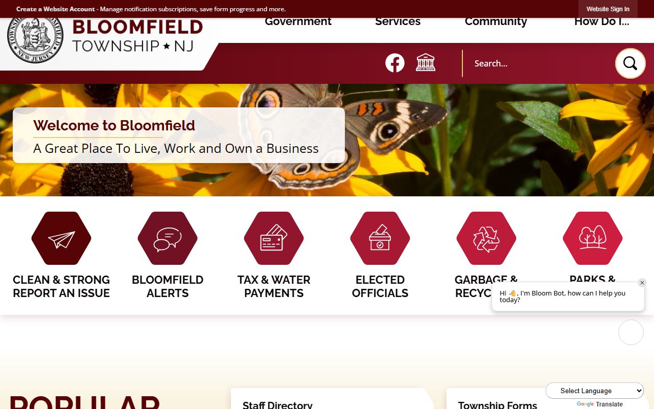 Bloomfield Township official website for Bloomfield white pages research