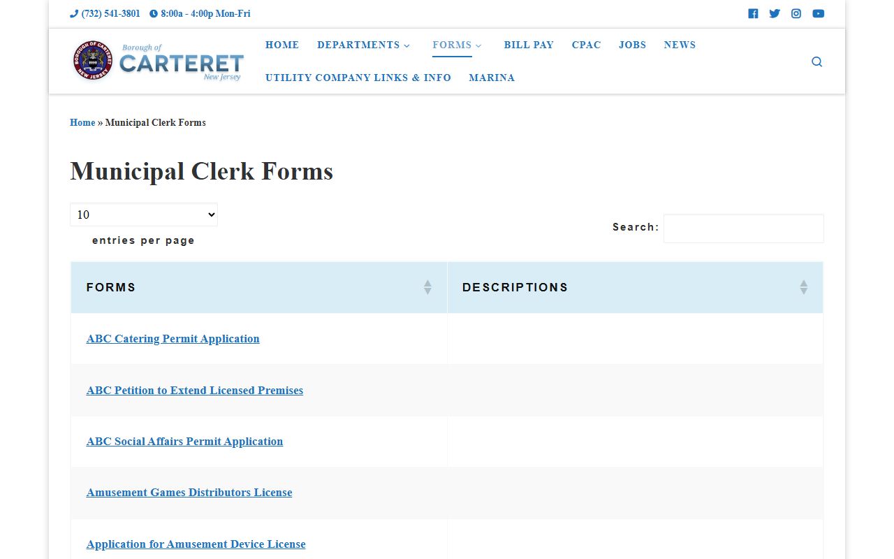 Carteret Municipal Clerk office for public records requests