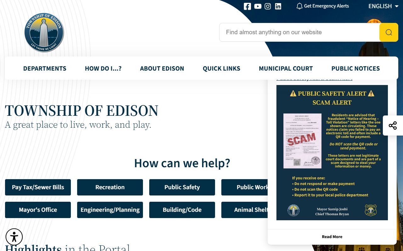 Edison Township official website for Edison white pages research