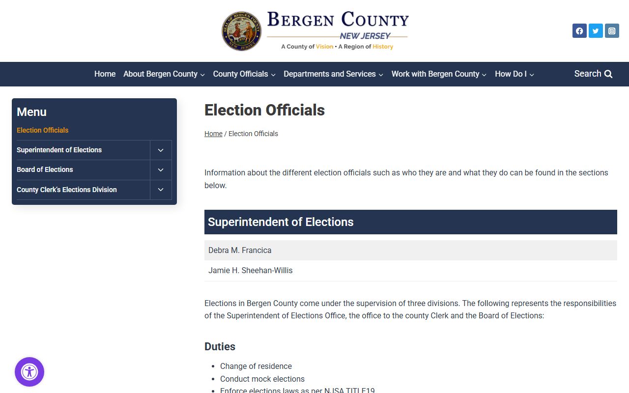 Bergen County white pages election officials website
