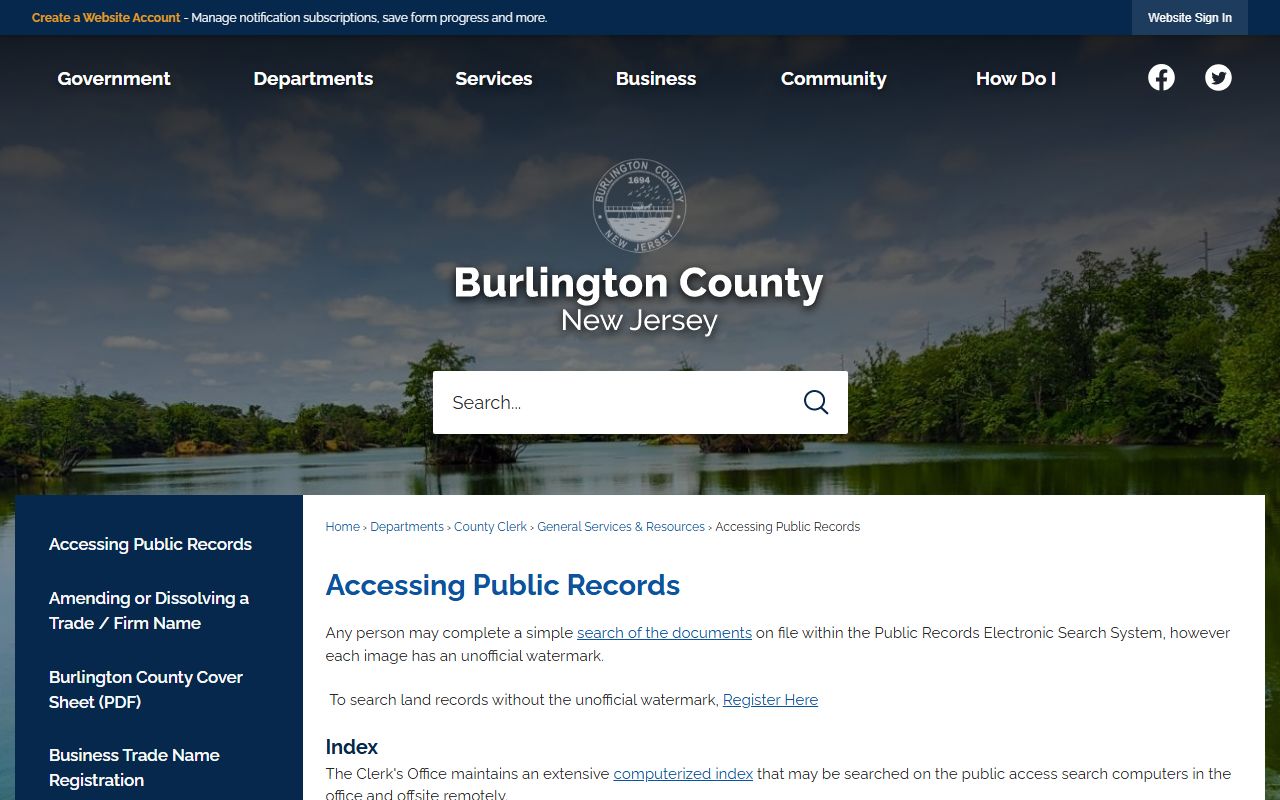Burlington County white pages accessing public records information page