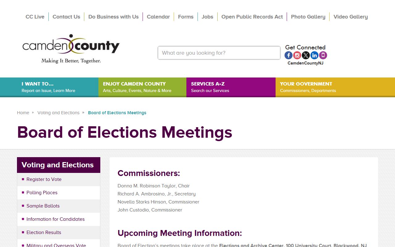 Camden County Board of Elections website with voter registration details
