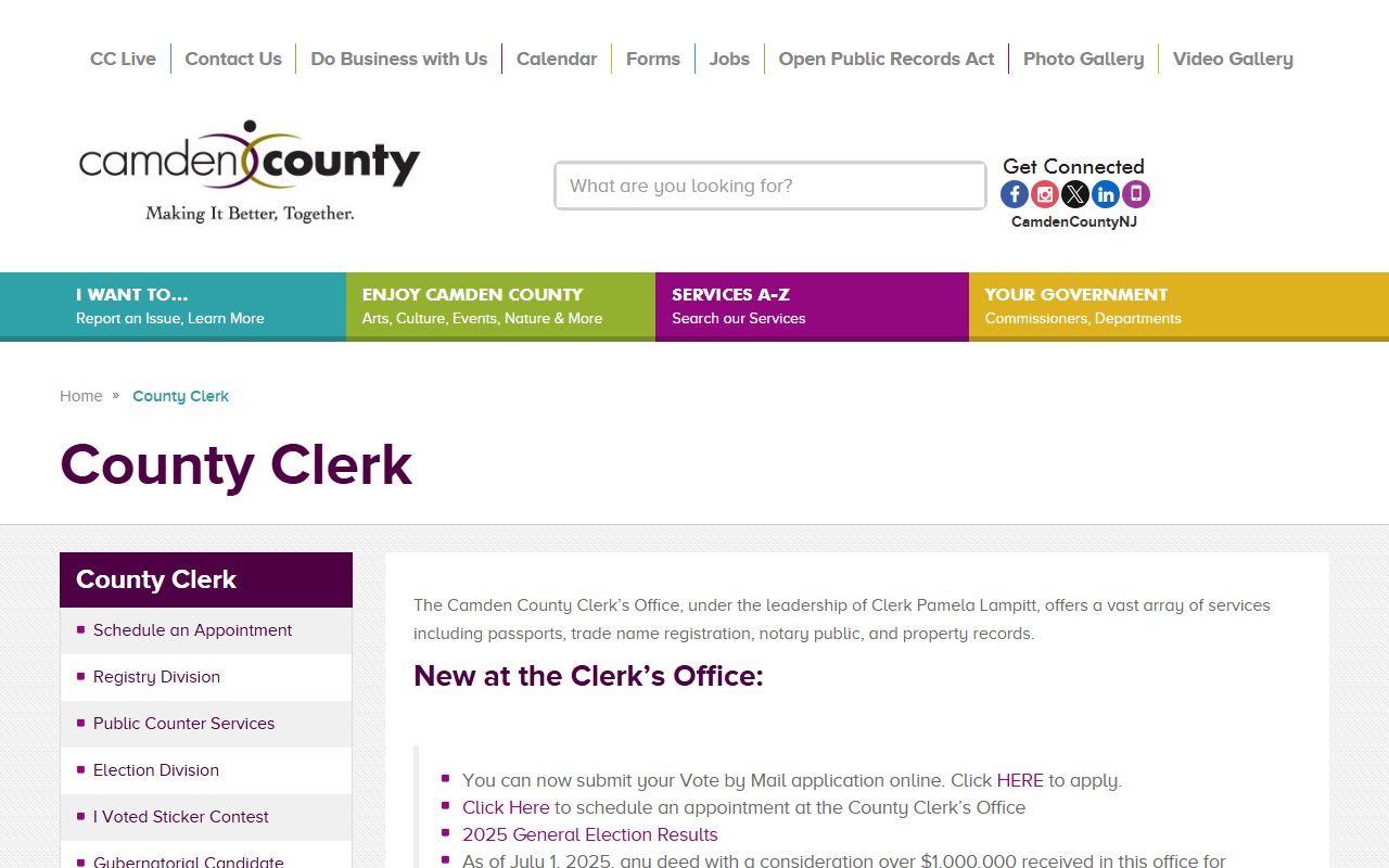 Camden County Clerk website showing public records services for white pages lookups